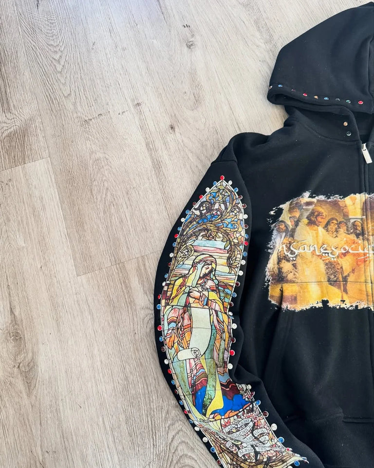 Men and women loose casual simple zipper jacket American retro splicing hot diamond print cartoon design hooded sweatshirt