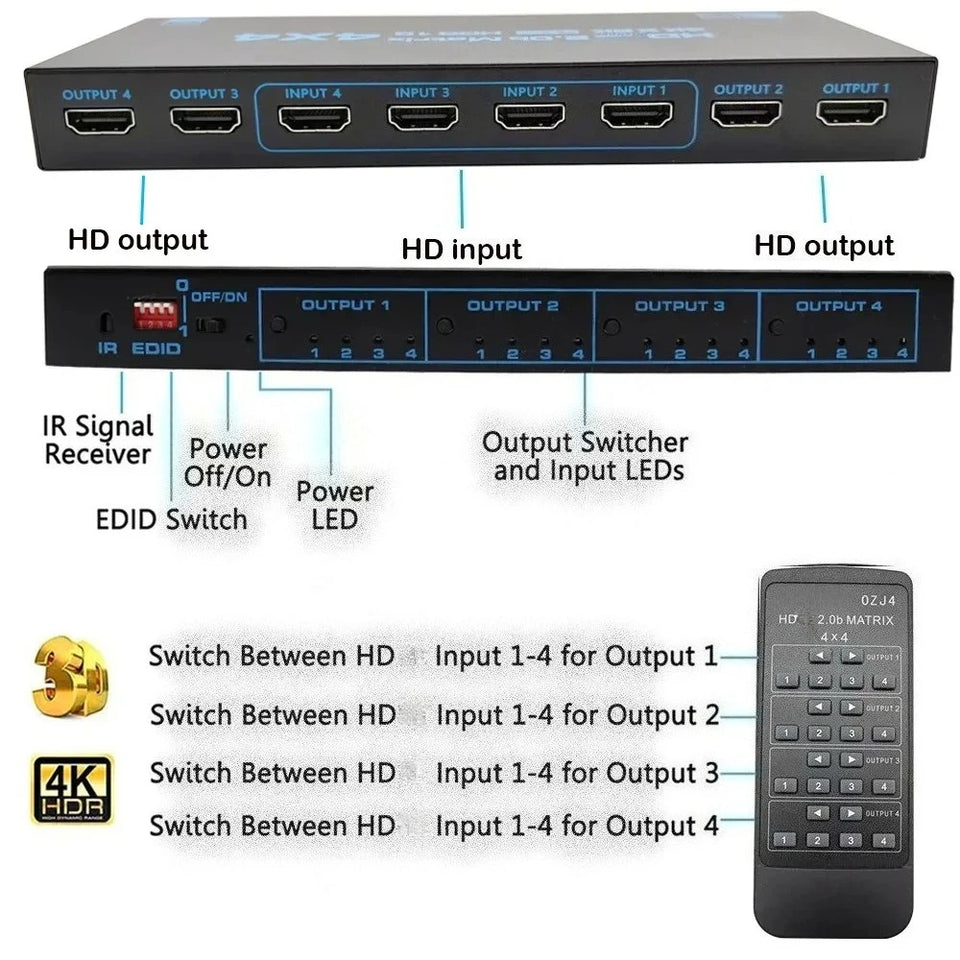HDMI-compatible Matrix Switch 4x4, 4K Matrix Switcher Splitter 4 In 4 Out Box with EDID Extractor and IR Remote Control