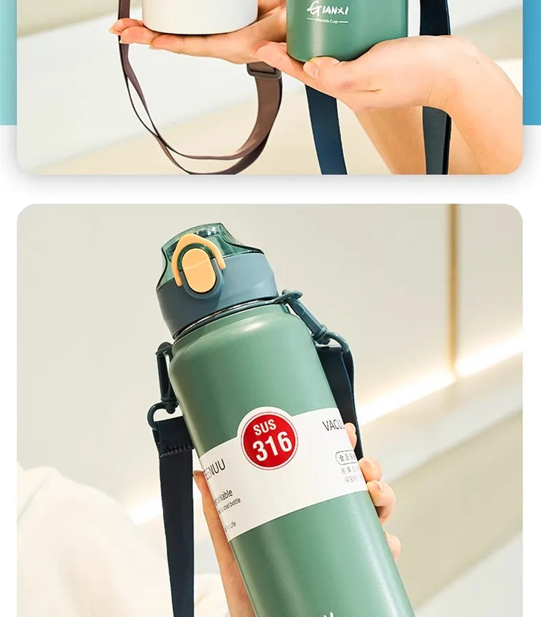 GIANXI 1000ml Spring Cap Large Capacity Vacuum Cup 316 Stainless Steel Coffee Cup Portable Outdoor Sports Water Bottle