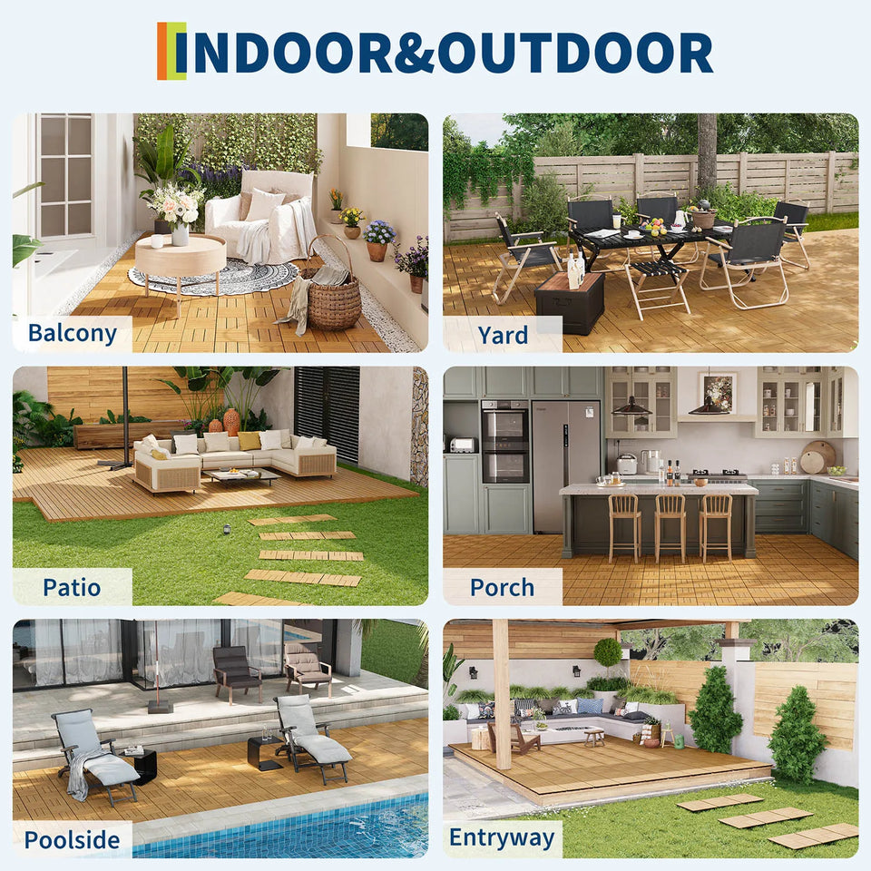 Acacia Wood Connected Deck Tiles for Patio & Outdoor Decor, 12"x12" Firm Weatherproof Non-Slip Wooden Flooring, 22/33 Panels
