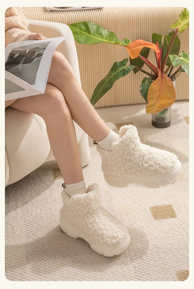 Thickened Plush Fur Warmth Household Snow Boots Cotton Women Slippers Home Boots Simple Solid Color Winter Fluffy Platform Shoes