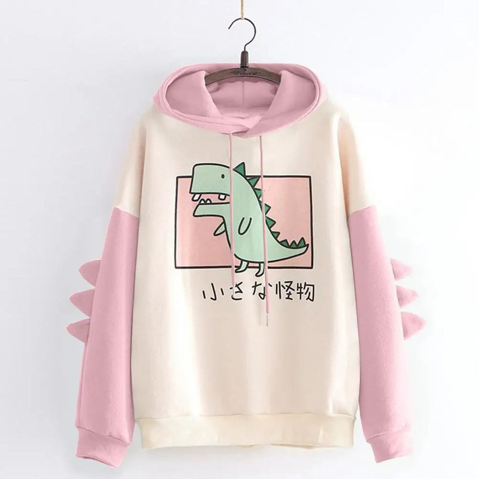 Winter Cute Dinosaur Cartoon Hoodie Women Fashion Sweatshirt Casual Print Long Sleeve Korean Style Splice Tops Kawaii Clothes