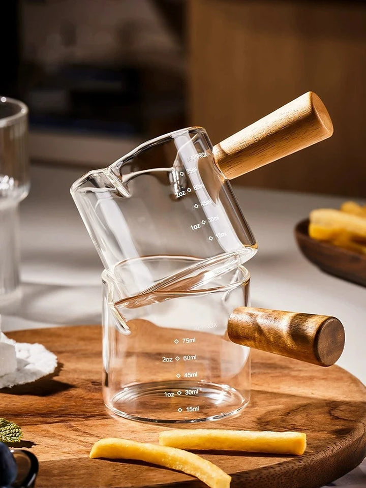 1 Piece 75ml Double Mouth Milk Cup With Side Wooden Handle Clear Glass Coffee Cup, Suitable For Home Espresso, Milk Production