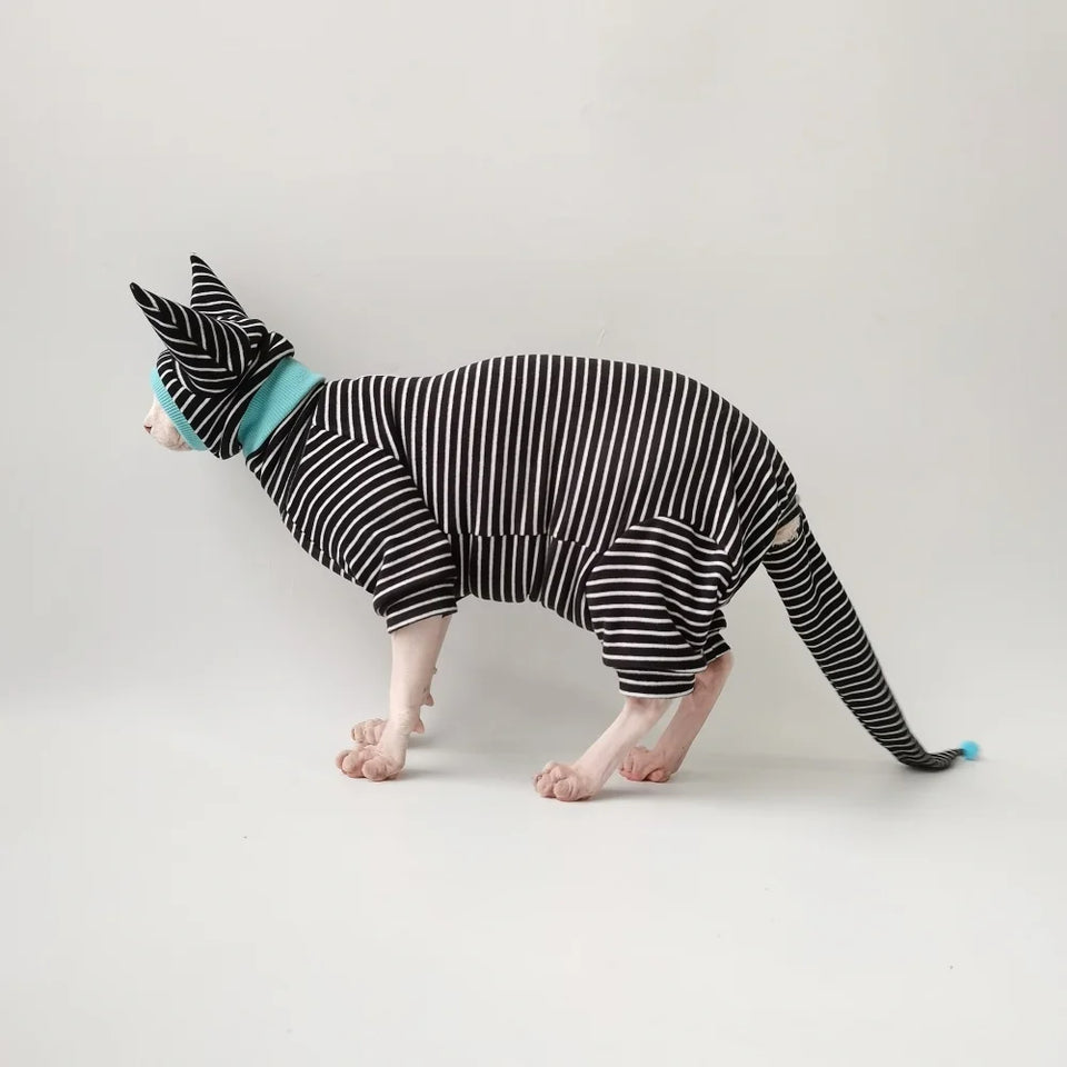 Four Legged Striped Shirt Hat Tail Cover Suit for Sphynx Cat Spring Black Sweatshirt for Kittens Hairless Warm Autumn Costumes