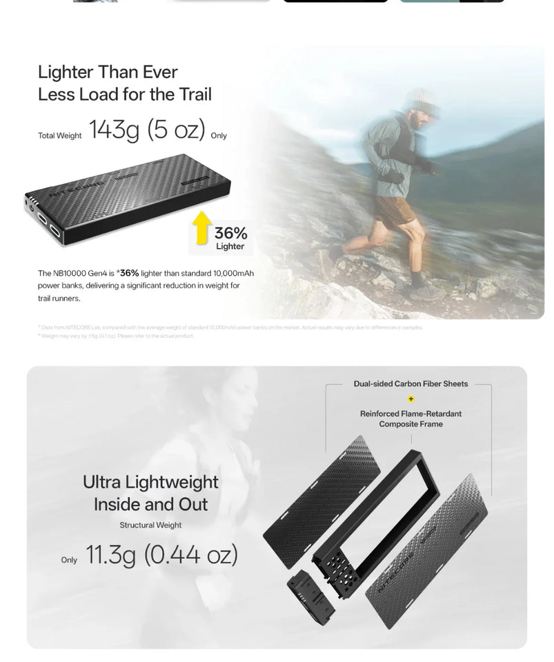 NITECORE NB10000 Gen4 10000mAh 9V Carbon Fiber Power Bank 22.5W Fast Charge Mobile Outdoor Powerbank IPX7 Dual USB-C