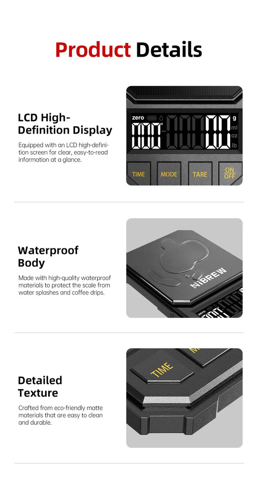 HiBREW 3000g/0.1g Digital Coffee Bean Electronic Scale with Auto Timer LED Screen High Precision Pour Over Coffee Easy to Carry