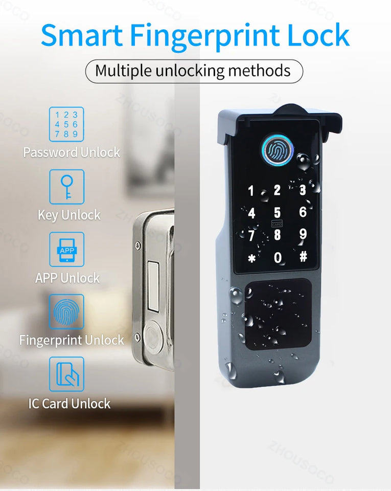IP66 Waterproof Tuya Wifi Fingerprint Smart Door Lock Outdoor Gate TTLock Bluetooth Password Card Electronic Rim Lock For Home
