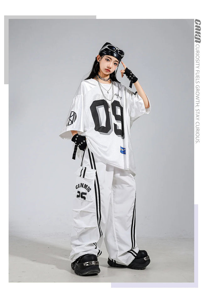 Boys Hip Hop Mesh T-shirt Cargo Pants Girls K-pop Street Dance Sweatshirt Costumes Child Clothes Sets Kids Teens Jazz Streetwear