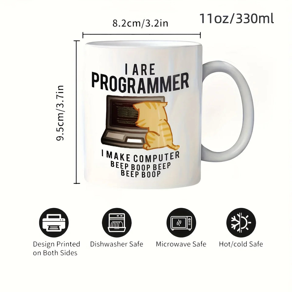 1pc Funny Programmer Cat Ceramic Mug – "I Am a Programmer" Double-Sided Design, Perfect Gift for Computer Coders, Coffee & Tea C