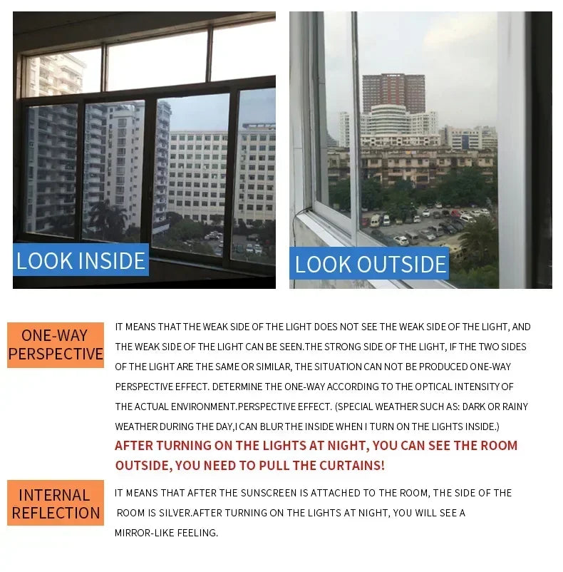 One Way Mirror Insulation Window Film PET Self-adhesive Reflective Solar Film Privacy Window Tint for Home Silver Glass Sticker