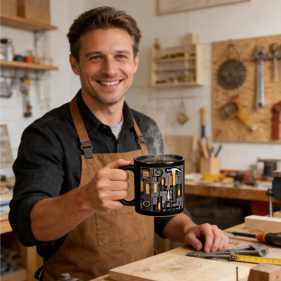 11OZ Coffee Mug Toolbox Design Wrench Pattern Mechanic Water Cup Ceramic Mechanic Mug Themed C-Shaped Handle Car Mechanic Gift