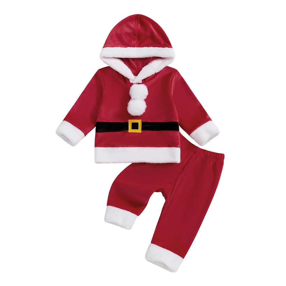 0-5T Girls Boys Santa Claus Costume Long Sleeve Hooded Sweatshirt with Pants Christmas Outfit Cosplay Costume