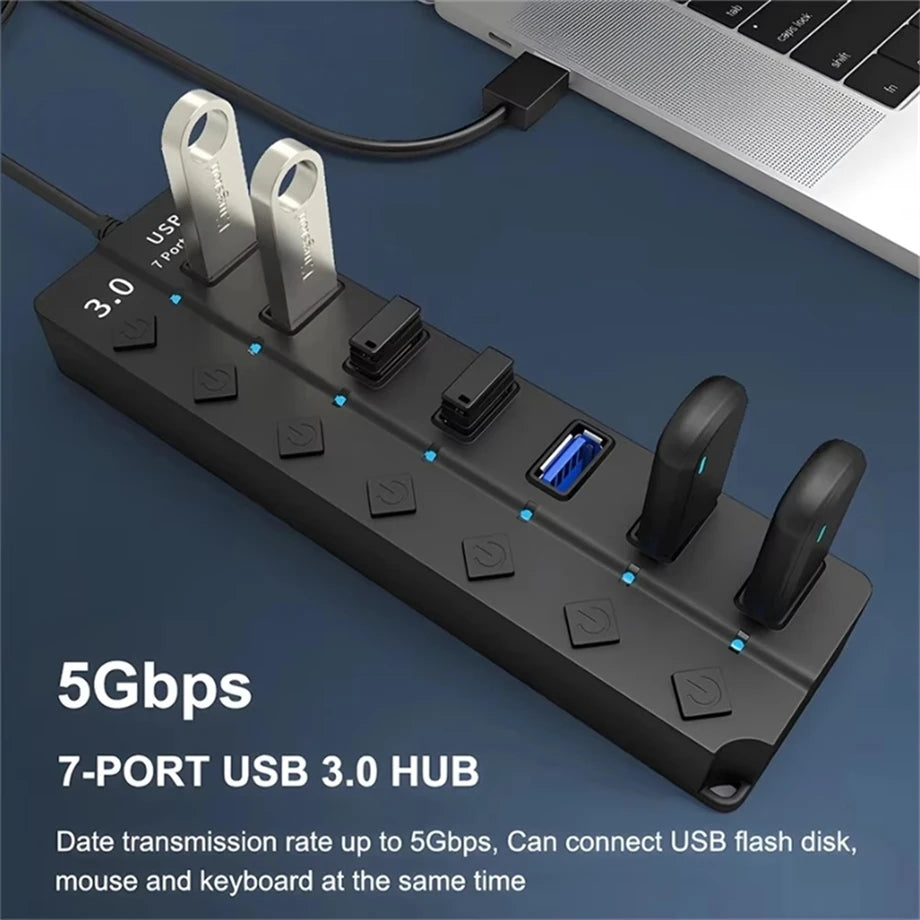 USB Hub 3.0 Multiprise USB High Speed Splitter 4/7 Port 5Gbps Hub Power Adapter with Switch Long Cable with Multiple Expander