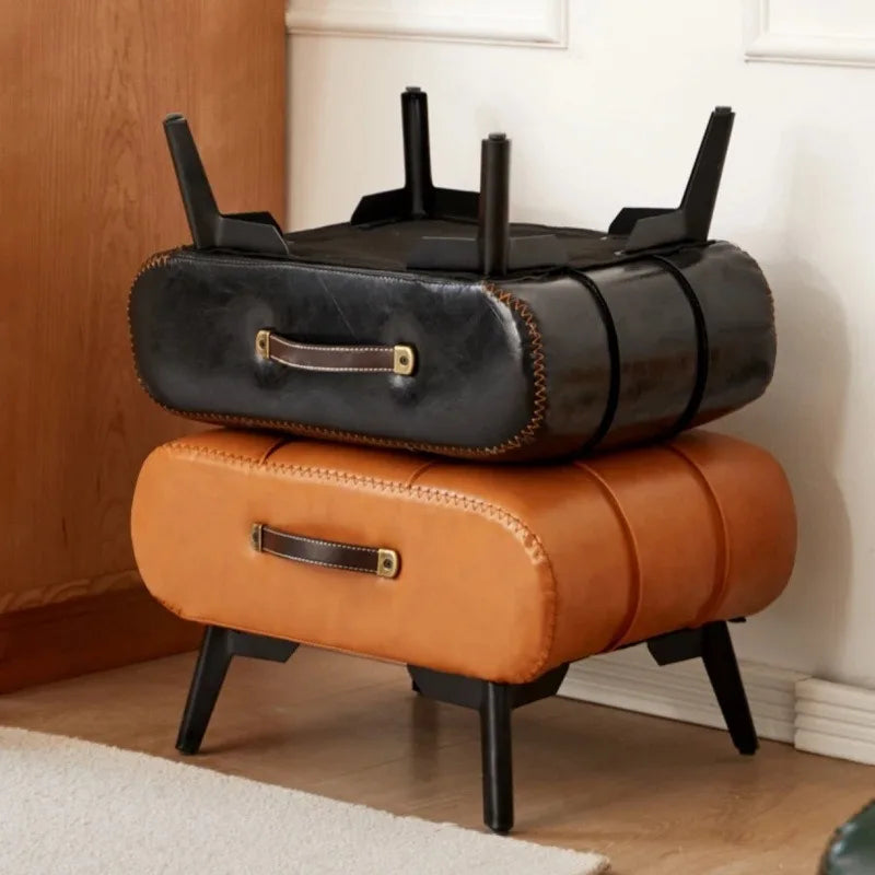 Furniture Small Upholstered Shoe Bench Oil Wax Leather Padded Entryway Shoe Changing Stool Modern Minimalist Living Room Ottoman