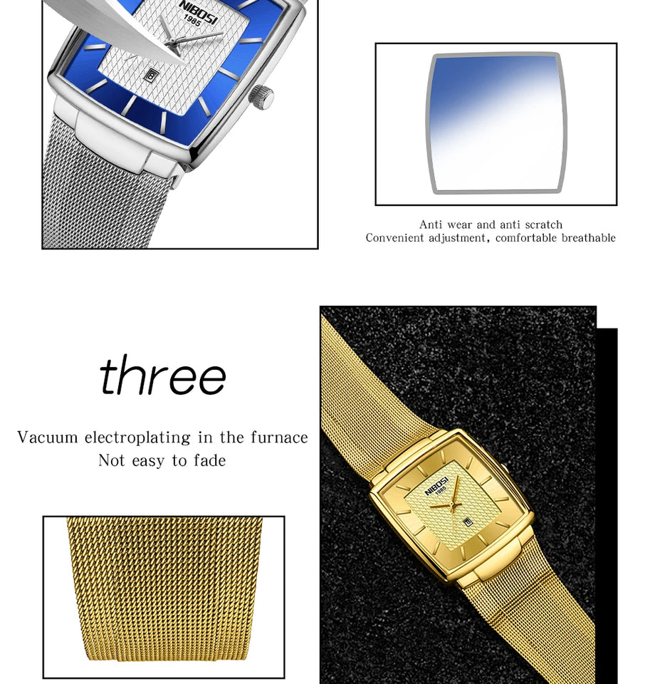 NIBOSI Mens Watches Top Brand Luxury Square Quartz Watch Men Slim Mesh Waterproof Sport Wristwatch Date Luminous Reloj Hombre