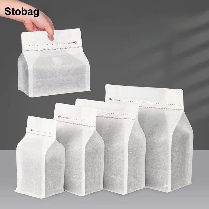 StoBag 50pcs White Cotton Paper Coffee Beans Packaging Bag with/No Valve Sealed for Powder Nuts Storage Stand Up Reusable Pouch