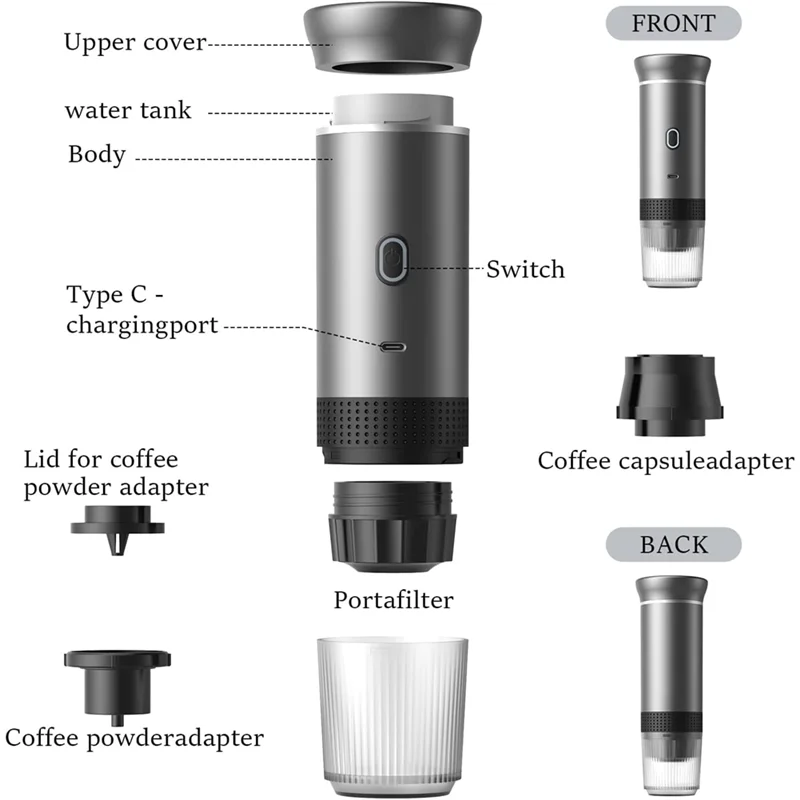 B89B-Ideal For Home& Travel, Portable Espresso Coffee Machine 3-In-1, Wireless& Electric, Compatible With Capsules& Powder