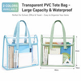 Clear Transparent PVC Tote Bag Large Capacity Waterproof Mesh Pocket Reinforced Handle for School Commute Beach