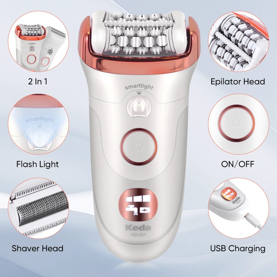 Keda Women's Electric Hair Remover Roller Washable Home Use Hair Removal Device with Private Clip And Light