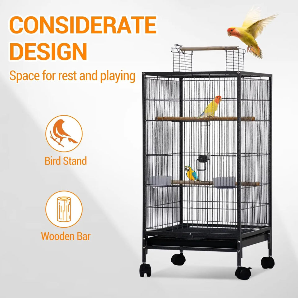 101cm Large Bird Cage Play Open Top Budgie Cage with Rolling Stand Slide-Out Tray Water Bottle Feeder, Indoor Outdoor Cage