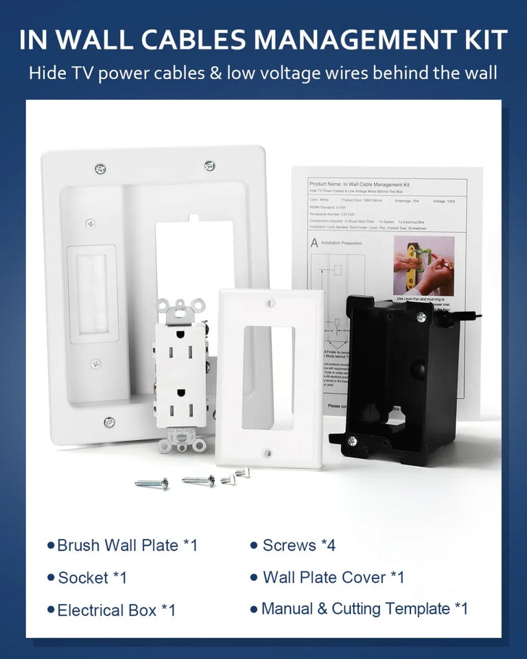 Awapow Recessed Outlet Box in Wall Cable Management Kit 15A 125V Hide TV Power Cables & Low Voltage Wires Behind the Wall White
