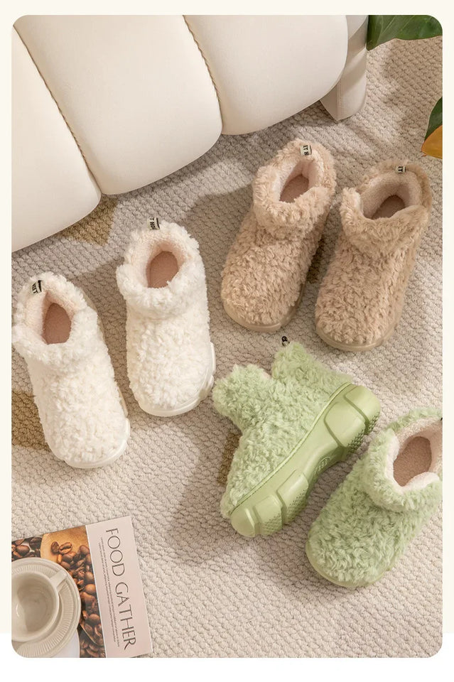 Thickened Plush Fur Warmth Household Snow Boots Cotton Women Slippers Home Boots Simple Solid Color Winter Fluffy Platform Shoes
