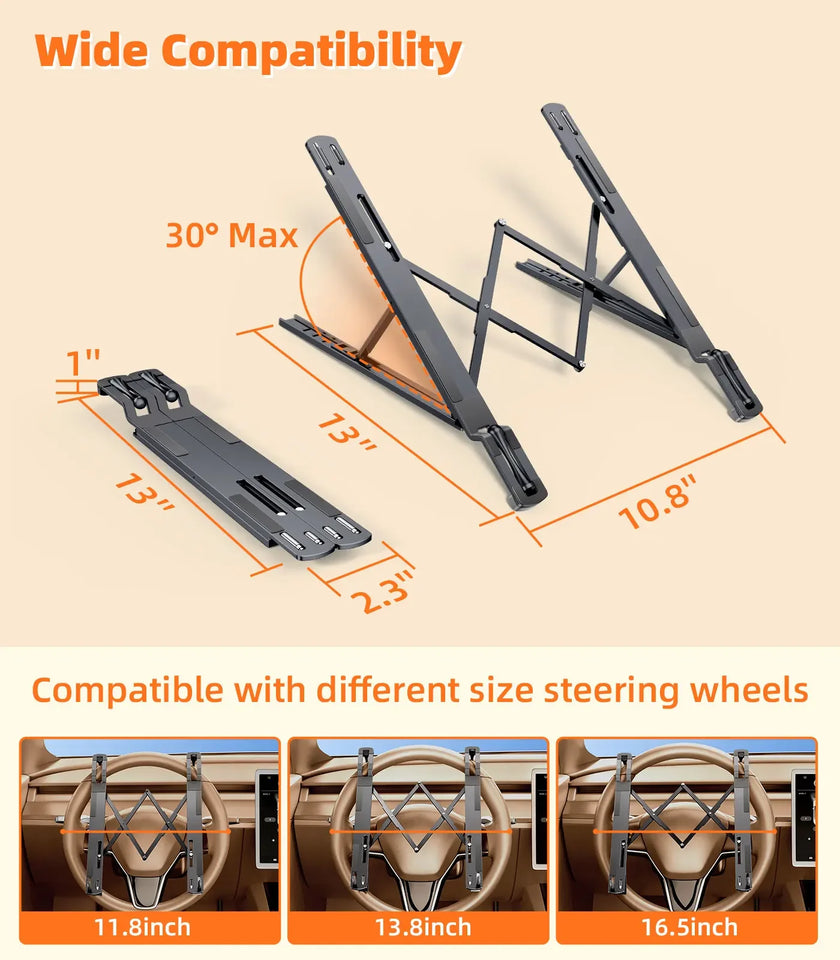 Hipacool Metal Car Steering Wheel Laptop Stand Portable 5-Levels Adjustable Laptop Tablet Holder Aluminum Alloy Car Accessories