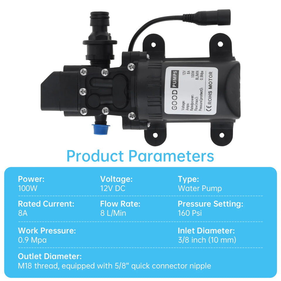 Electric Pressure Washer Pump 100W 160PSI 12V DC Water Transfer Pump Diaphragm Self Priming Sprayer Water Pump for Home / Garden