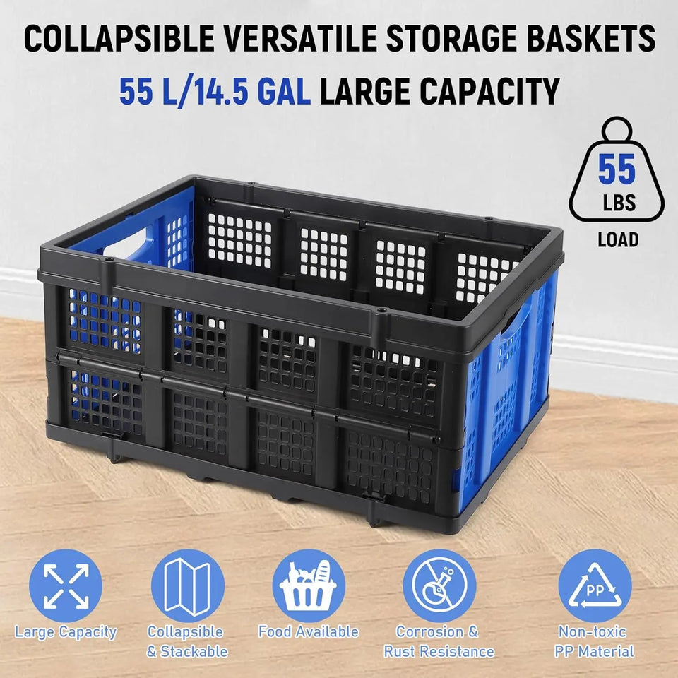 55L Heavy-Duty Collapsible Plastic Crate Foldable Storage Basket with Side Handles, Stackable Design for Food Drinks Books Tools