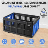 55L Heavy-Duty Collapsible Plastic Crate Foldable Storage Basket with Side Handles, Stackable Design for Food Drinks Books Tools