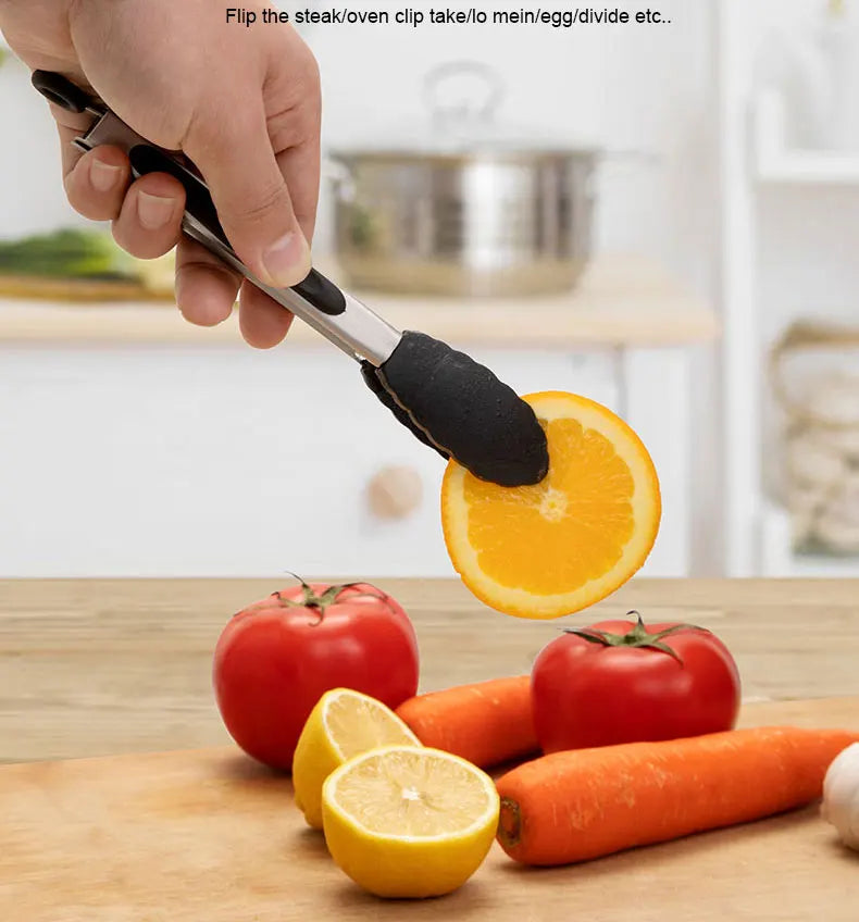 1 Pc Black Silicone Food Tongs, Stainless Steel Food Tongs Outdoor BBQ Clamps For Camping Kitchen Tongs For Baking Steak