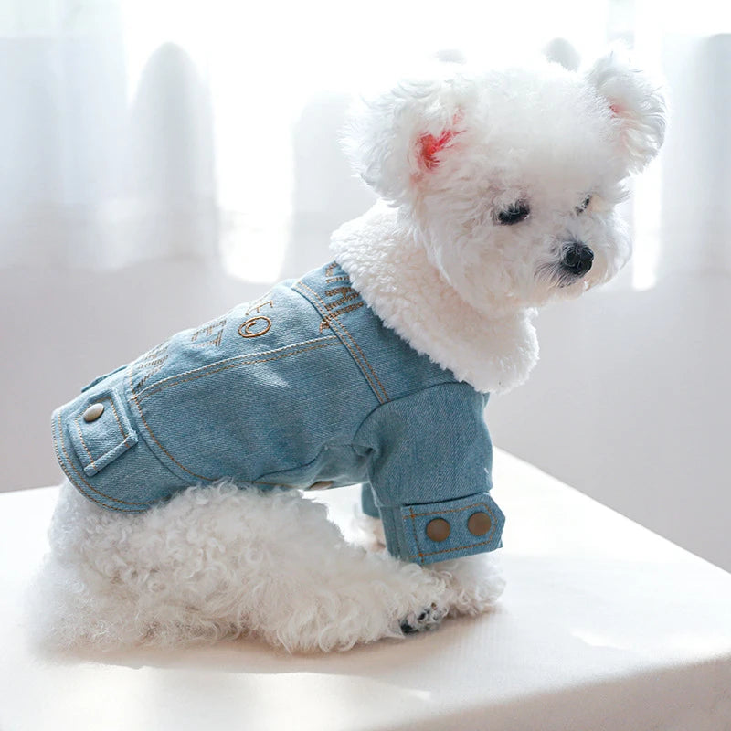Extra Thick Denim Pet Dog Clothes Breathable French Bulldog Fleece Down Jacket Medium Puppy Clothing Winter York Cat Sweatshirt