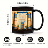 A black Egyptian temple designed ceramic cup with hieroglyphics and columns is suitable for drinking coffee, tea, or water at ho