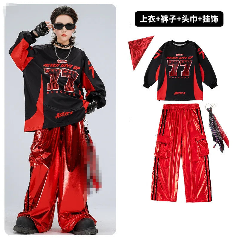 Boys Hip Hop Sweatshirt Shiny Vest Street Dance Cargo Pants Girls K-pop Clothes Set Kid Hip Hop Jazz Costume Children Streetwear