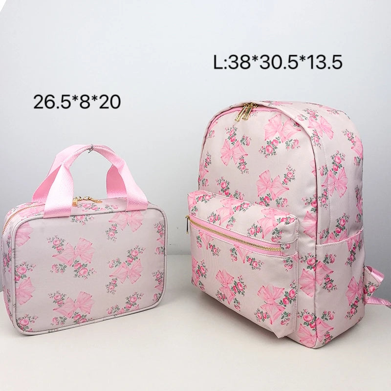 2PCS/SET Trendy Flower Bow Printing School Bag Lunch Bag Large Capacity Nylon Backpack Cute Students Insulation Ice Bento Box