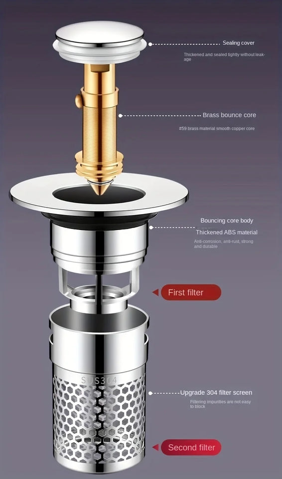 Press-Type Sink Drain Plug - Leakproof Stainless Steel | Fits Kitchen & Bathroom Sinks | Easy Install Anti-Clog Drain