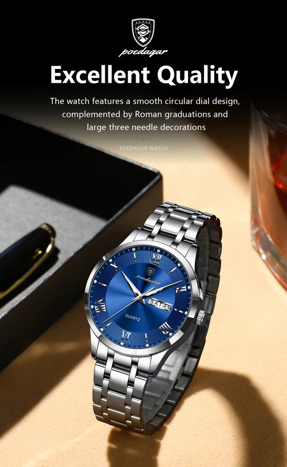 POEDAGAR Luxury Man Clock Waterproof Luminous Week Date Fashion Men's Wristwatch Stainless Steel Business Quartz Watches For Men