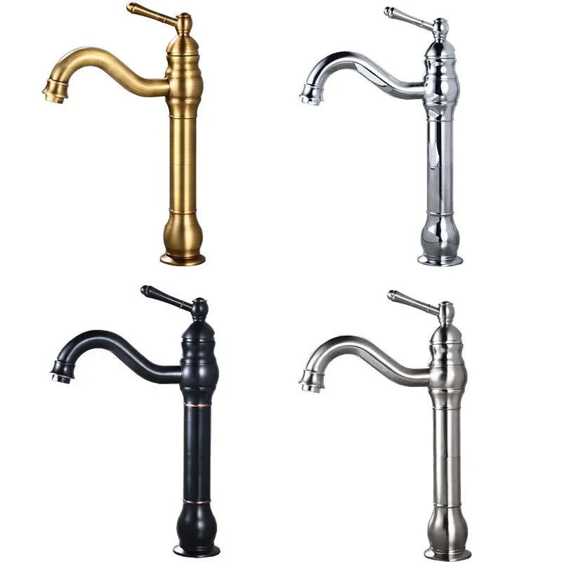 Antique Brass Basin Faucet Deck Mounted Single Handle Bathroom Accessories Crane Long Spout Lavatory Sink Hot Cold Mixer Tap