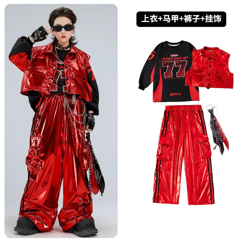 Boys Hip Hop Sweatshirt Shiny Vest Street Dance Cargo Pants Girls K-pop Clothes Set Kid Hip Hop Jazz Costume Children Streetwear