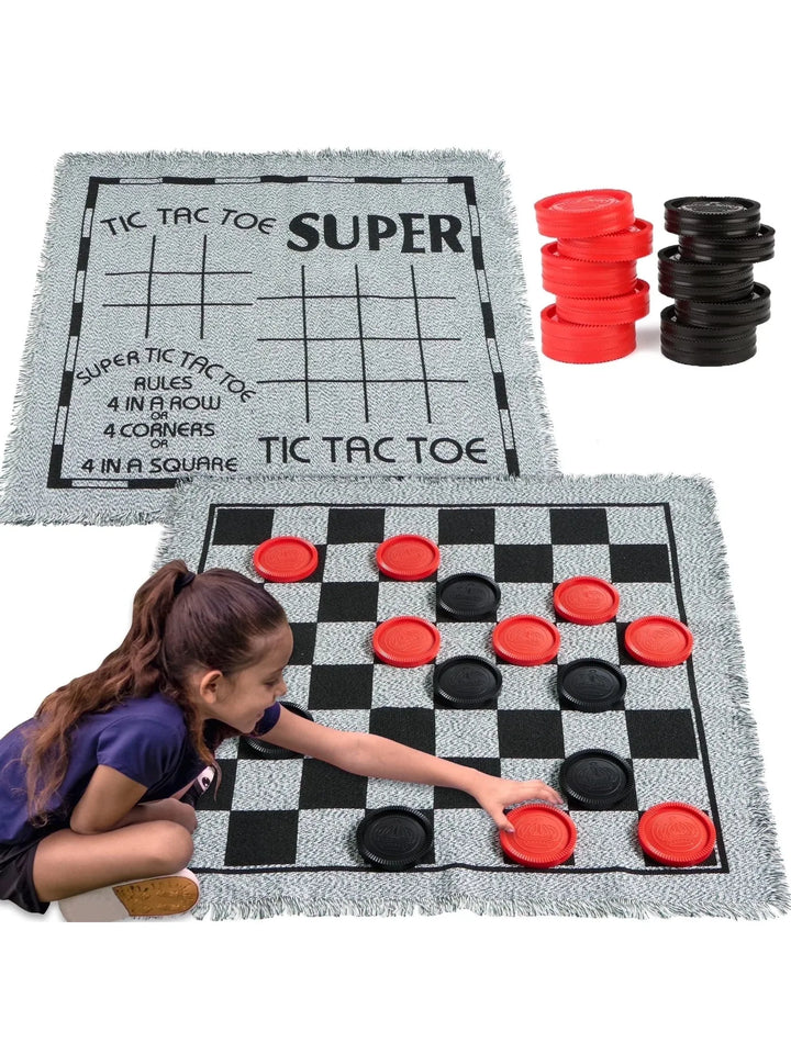 Joyfy 3-in-1 Vintage Giant Checkers Tic Tac Toe Game for Kids Outdoor Games Family Adults Game Toys