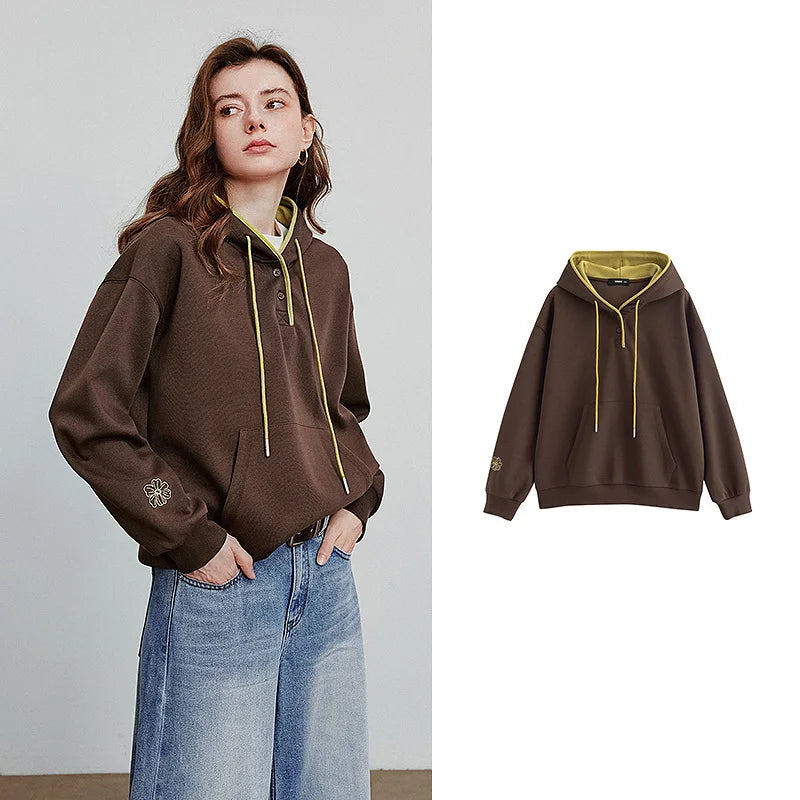 TOYOUTH Women Hoodies Sweatshirt 2025 Autumn New Contrasting Color Embroidery Splicing Hooded Pullover Tops