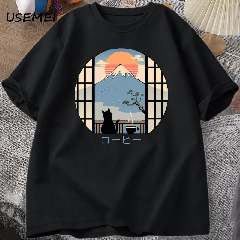 Coffee Cat in Mt Fuji T-shirt Men Women Round Neck Short Sleeve Tshirt Japanese Style Printed T-Shirt Cotton Oversized Tops
