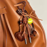 Vintage Brown Leather Bow Heart Pendant Fashion Tennis Keychain Braided Lanyard Key Ring Suitable for Women Bag Pendant