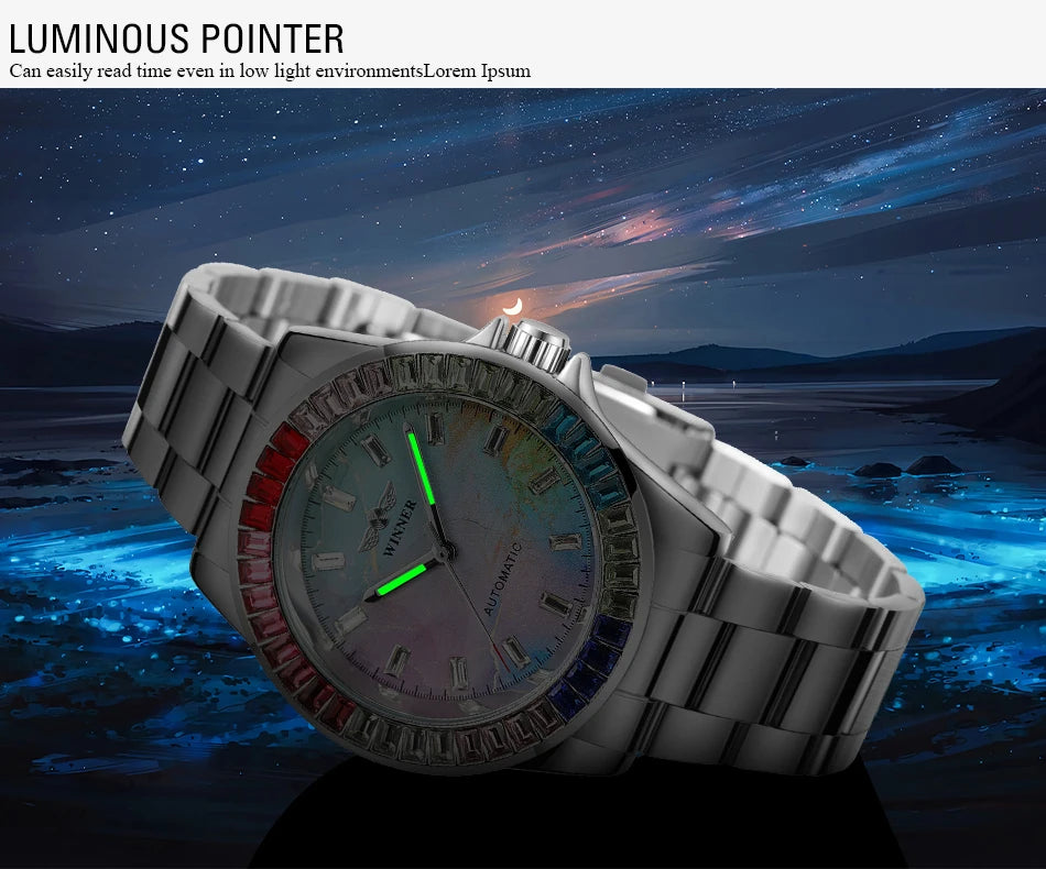 2024WINNER Original Colored Diamonds Mechanical Waterproof Men's Watch Automatic Movement Stainless Steel Luxury Watches