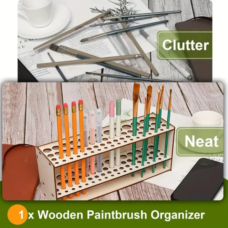 67-Slot Premium Wooden Brush Holder - Durable Artist Desk Organizer, Pencil & Paint Brushes Storage, Elegant Art & Craft Supplies