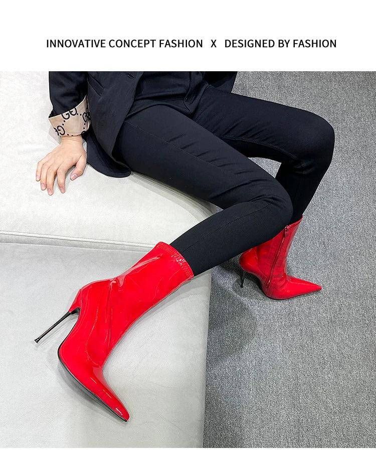 Knee-High Modern Boots Pointy Toe Women Shoes 13cm Ultra Thin Steel High Heels Metal Heel Calf Boots for Women Fun Shoes Size 46
