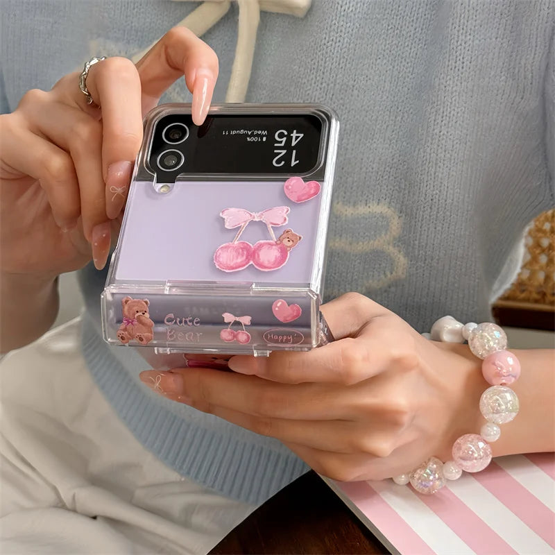 Korean Cute Bear Hinge Phone Case For Samsung Galaxy Z Flip 6 5 4 3 Z Flip5 Flip4 5G Cover with Chain Strap Clear Kawaii Funda