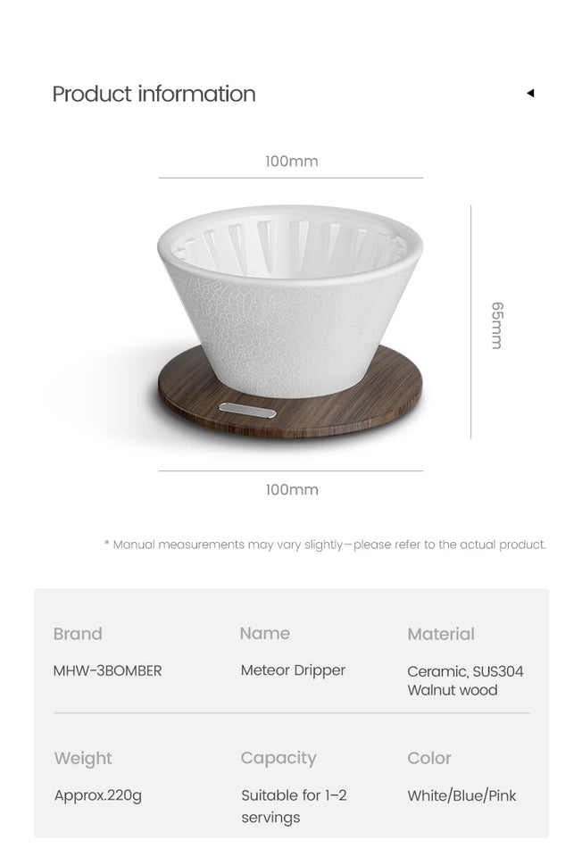 MHW-3BOMBER Meteor Dripper 1-2 Cups Pour Over Coffee Dripper With Wooden Base Ceramics Coffee Dripper For Manual Brew Barista