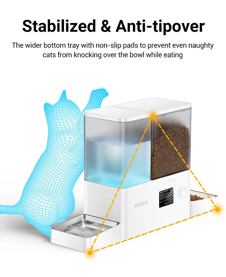 ROJECO 2In1 Automatic Pet Feeder Gravity Water Fountain 8.5L Button Version Auto Cat Kibble Dispenser with Water Refill Drinker