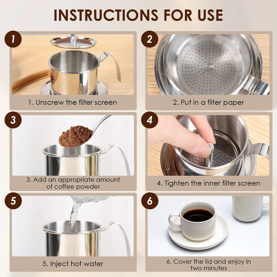 Vietnamese Coffee Filter Stainless Steel Phin Drip Coffee Pot Press Maker with 100pcs Filter Paper for Home Restaurant Travel